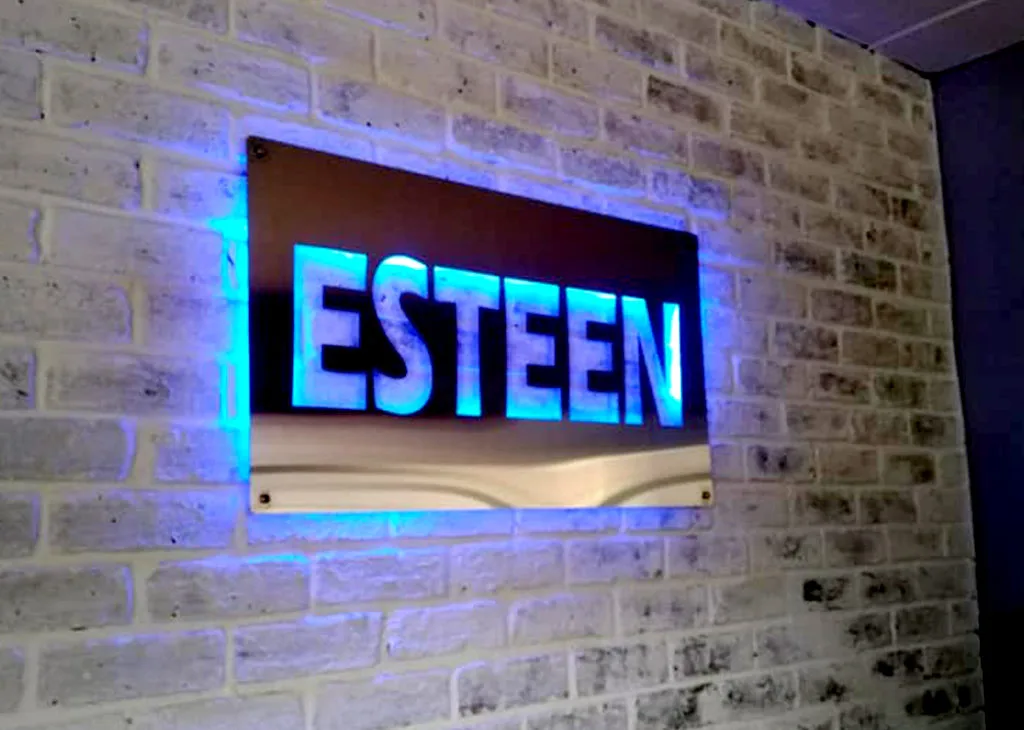 Blue backlit Esteem business sign on a brick wall