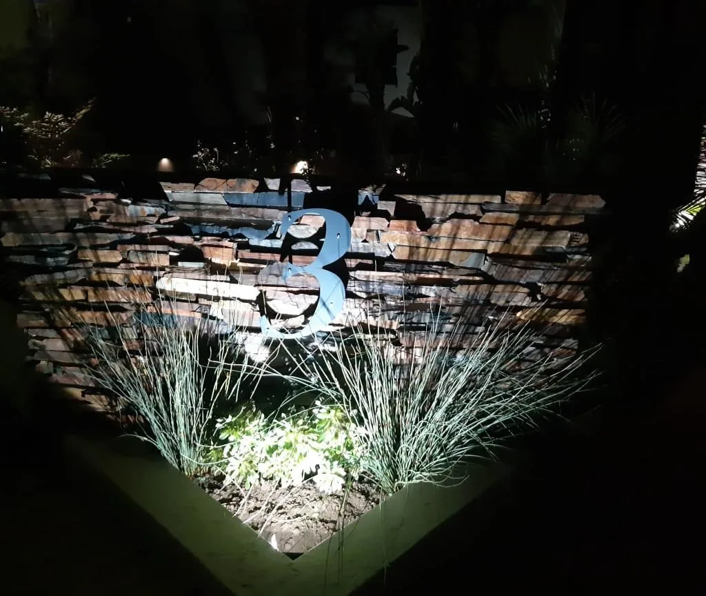 Decorative metal wall art illuminated in a garden at night