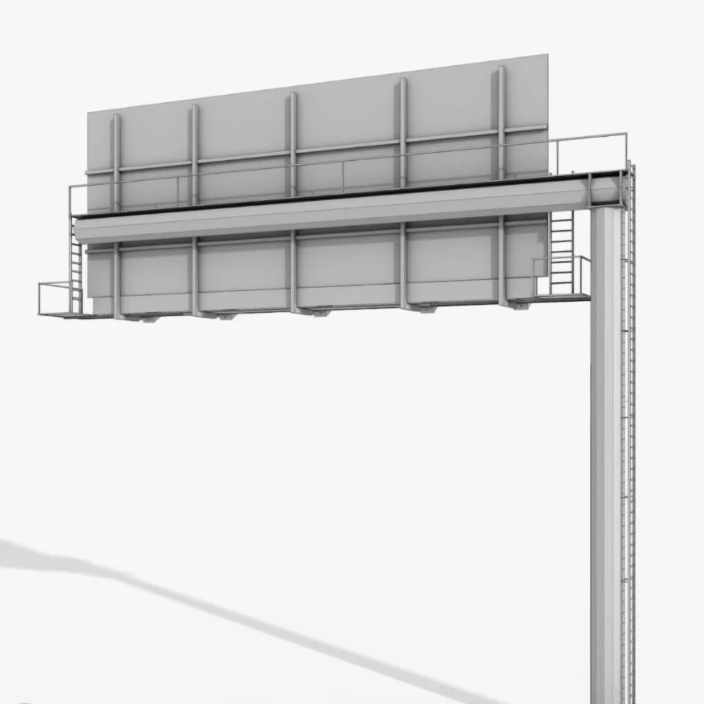 Rear-view illustration of a steel billboard frame with maintenance access