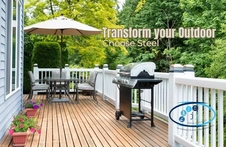 Outdoor steel furniture article graphic with a patio dining set and braai