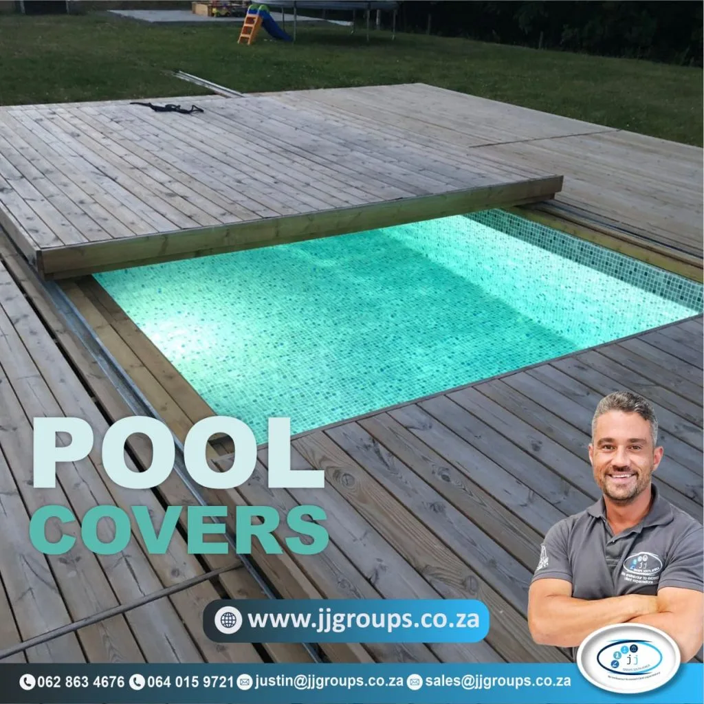 Pool cover promotion showing a sliding deck over a swimming pool
