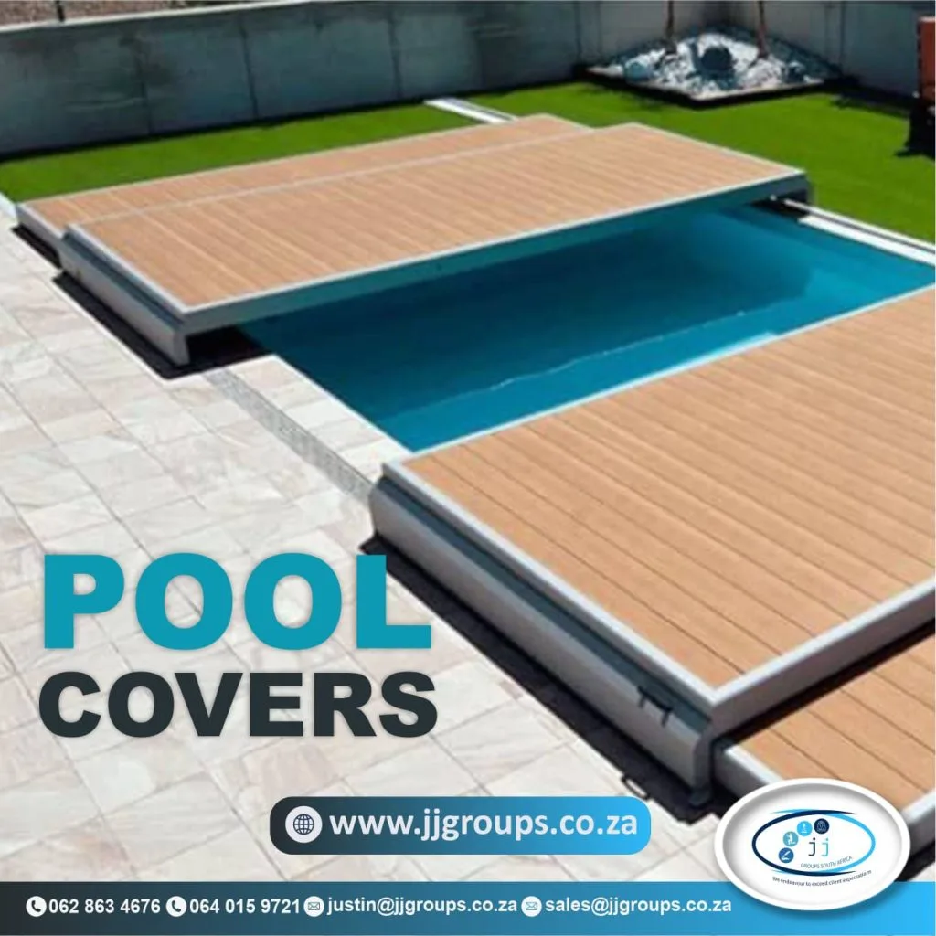 Sliding pool deck panels shown partially covering a swimming pool