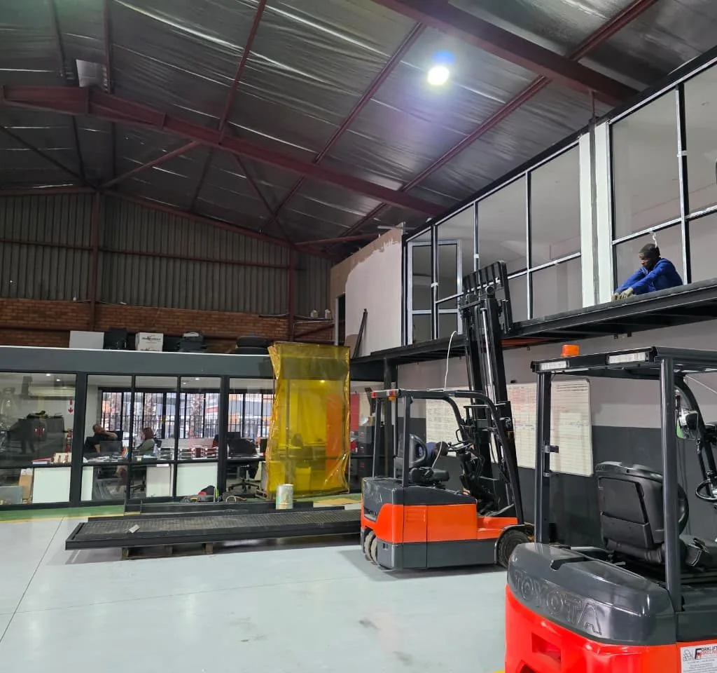 Warehouse mezzanine installation with access equipment