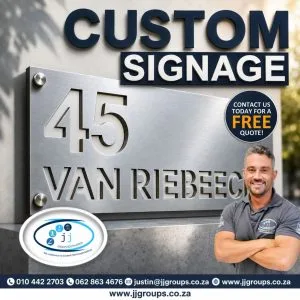 Custom signage promotion featuring a metal house number and street name sign