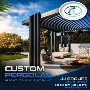 JJ Groups custom pergola promotion showing a covered outdoor seating area